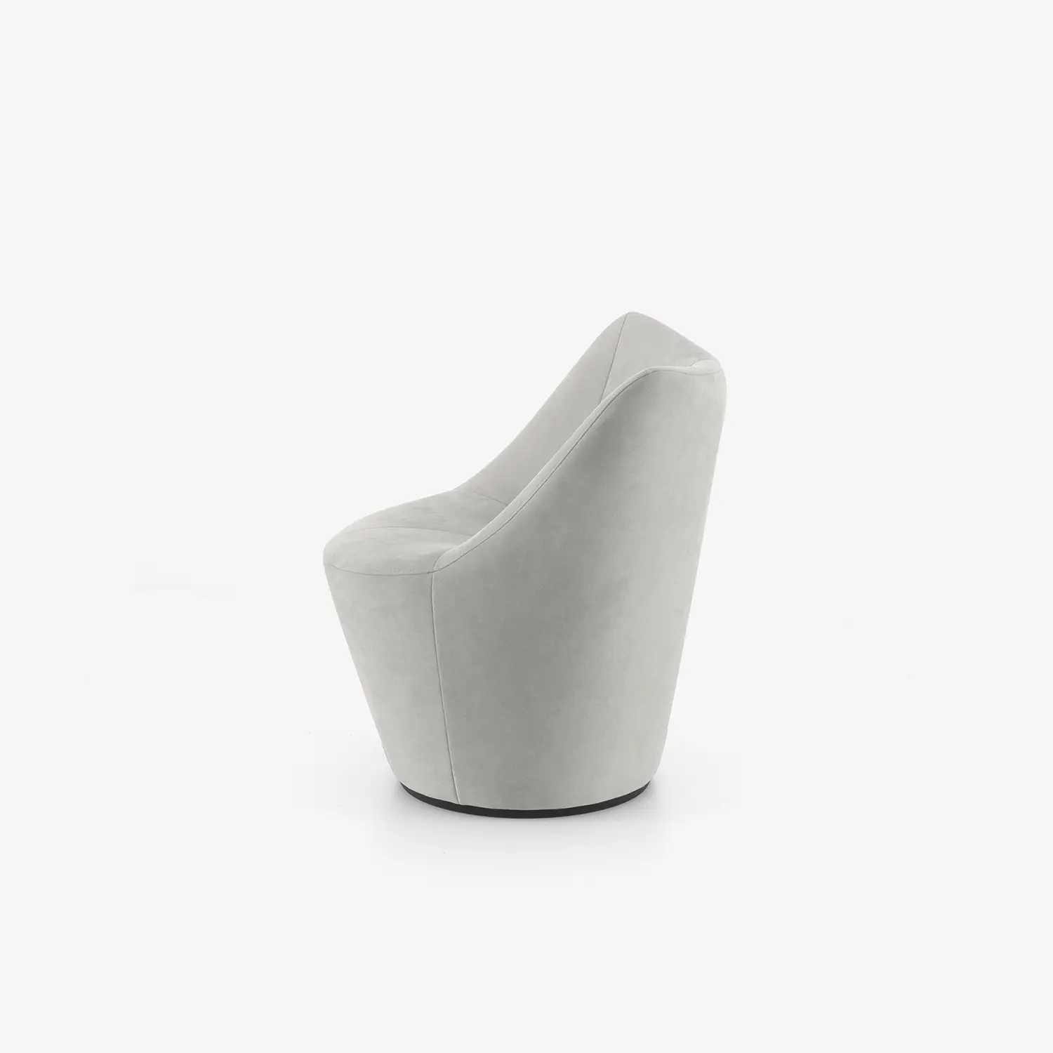 Modern light gray swiveling armchair with low back and smooth upholstery on a white background.