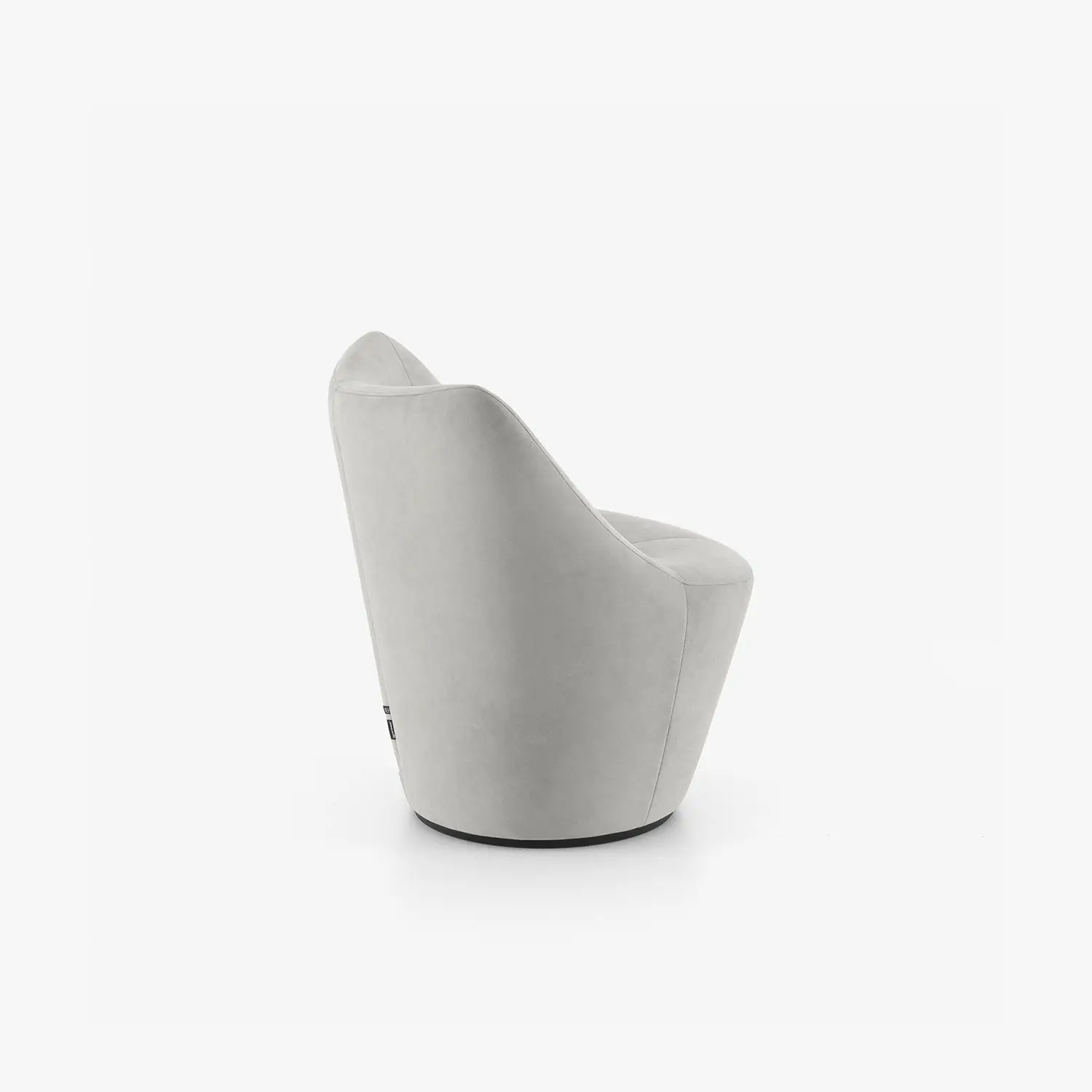 Light gray swivel armchair with a low back and a smooth curved design on a white background.