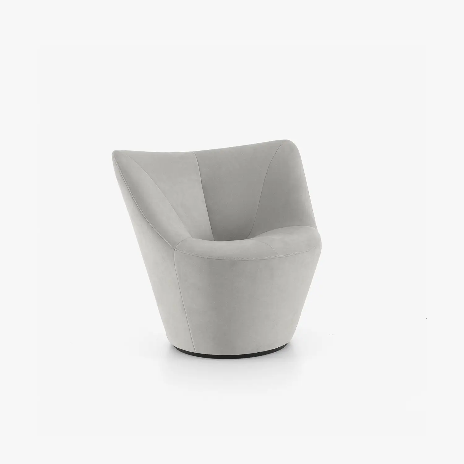 Modern light grey upholstered swivel armchair with a low back and rounded base.