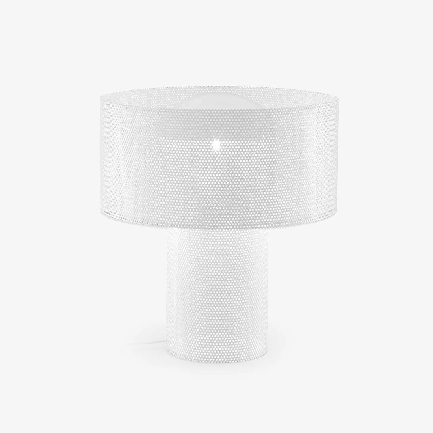 White modern table lamp with a perforated cylindrical base and matching perforated drum shade.