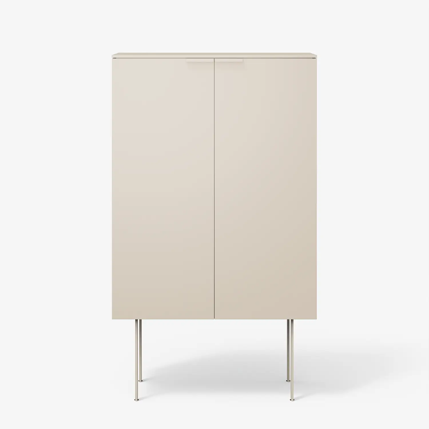Minimalist beige cabinet with two doors and slim metal legs on a white background.