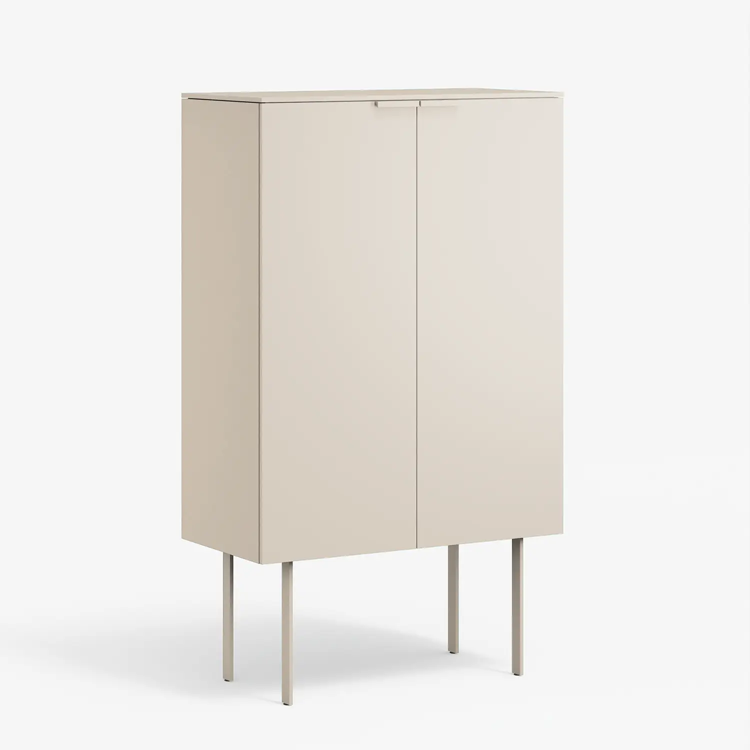 Minimalist beige cabinet with two doors and four slim metal legs on a white background.