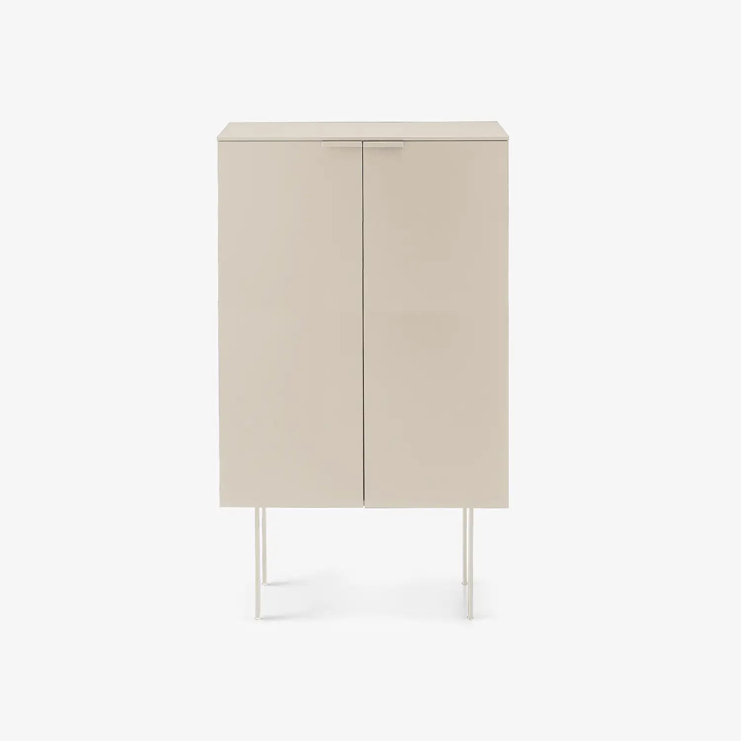 Modern beige storage cabinet with two doors and slim legs on a white background.