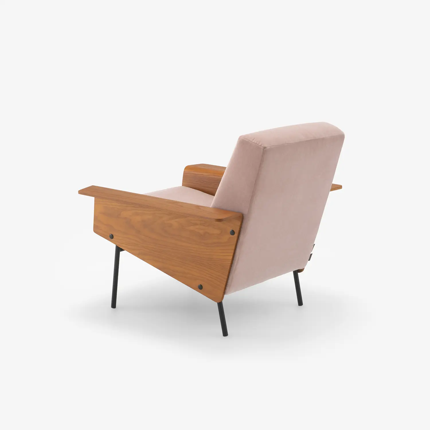 Modern armchair with light pink upholstery, angled wooden armrests, and thin black metal legs against a white background.