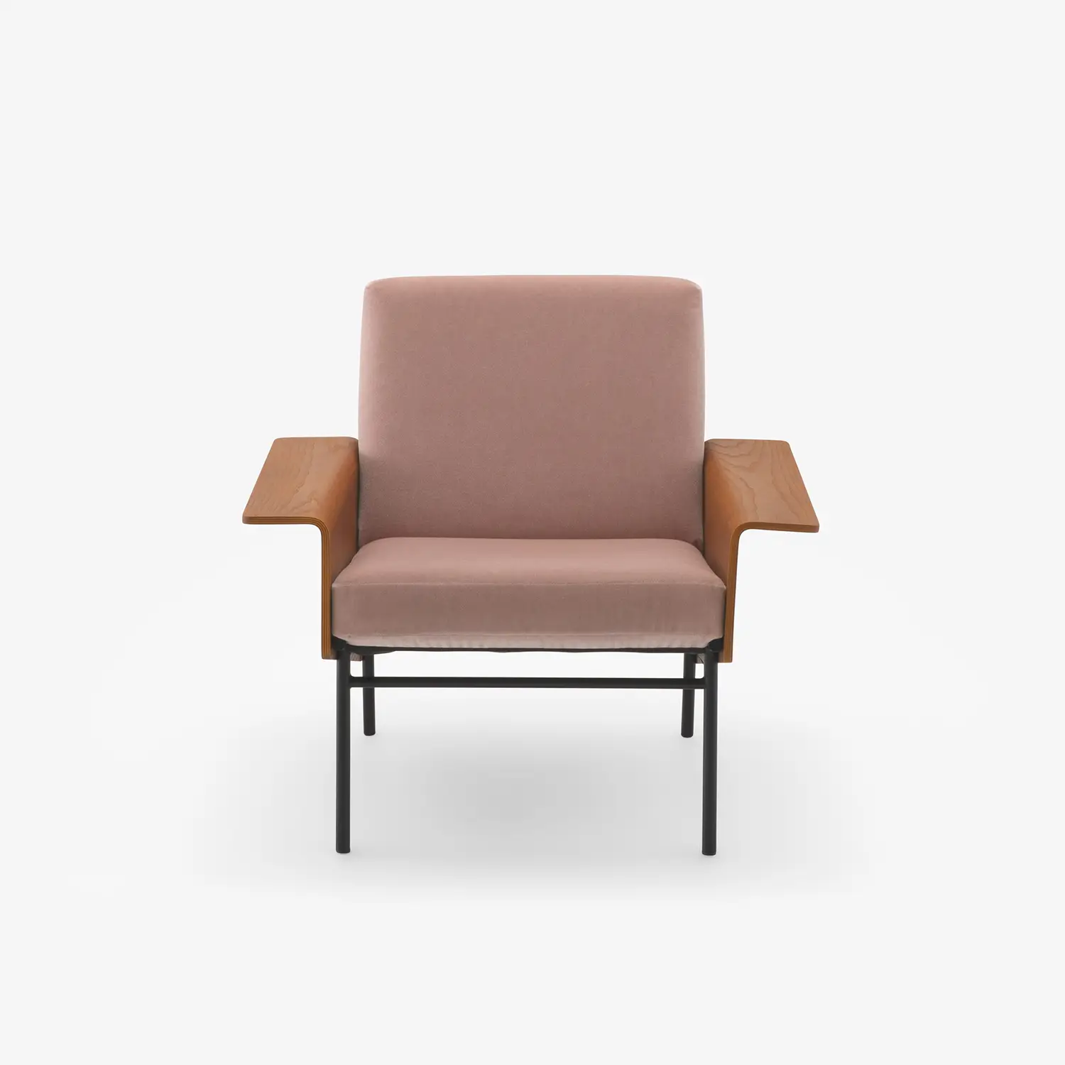 Modern armchair with dusty pink cushioned seat and backrest, wooden wide flat armrests, and black metal legs.