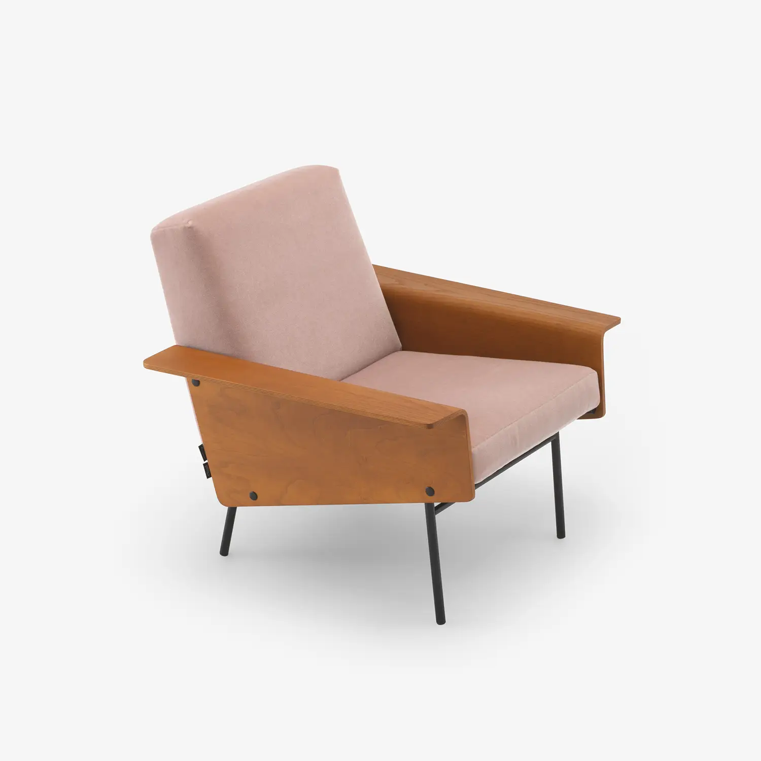 Modern armchair with light pink upholstered seat and backrest, wooden armrests, and black metal legs.