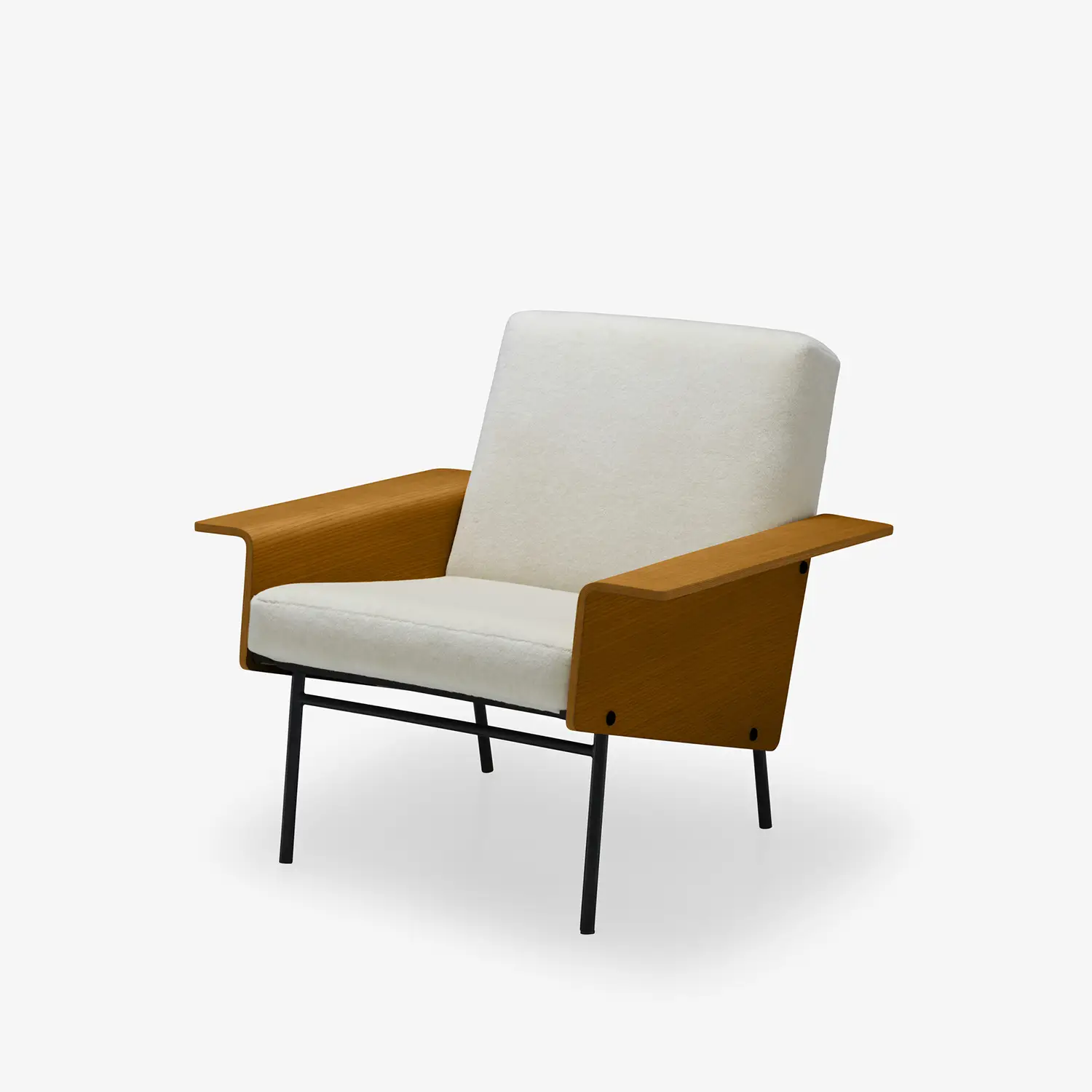 Modern armchair with white cushioned seat and backrest, wooden armrests, and black metal legs.