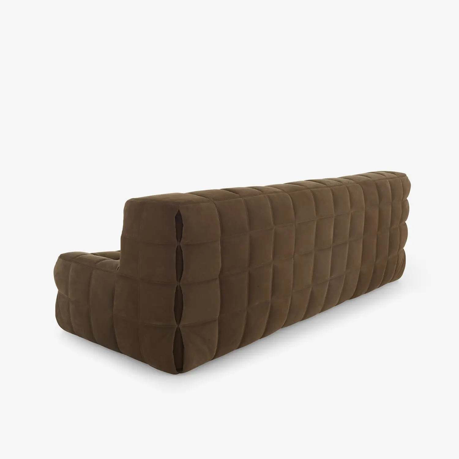 Brown quilted settee with a modern, cushioned design and no visible legs on a white background.