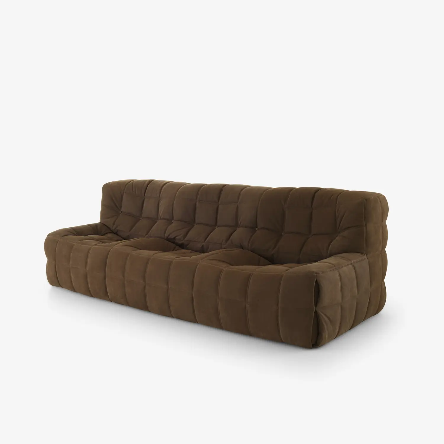 Large brown tufted settee with a soft, cushioned appearance and low arms.