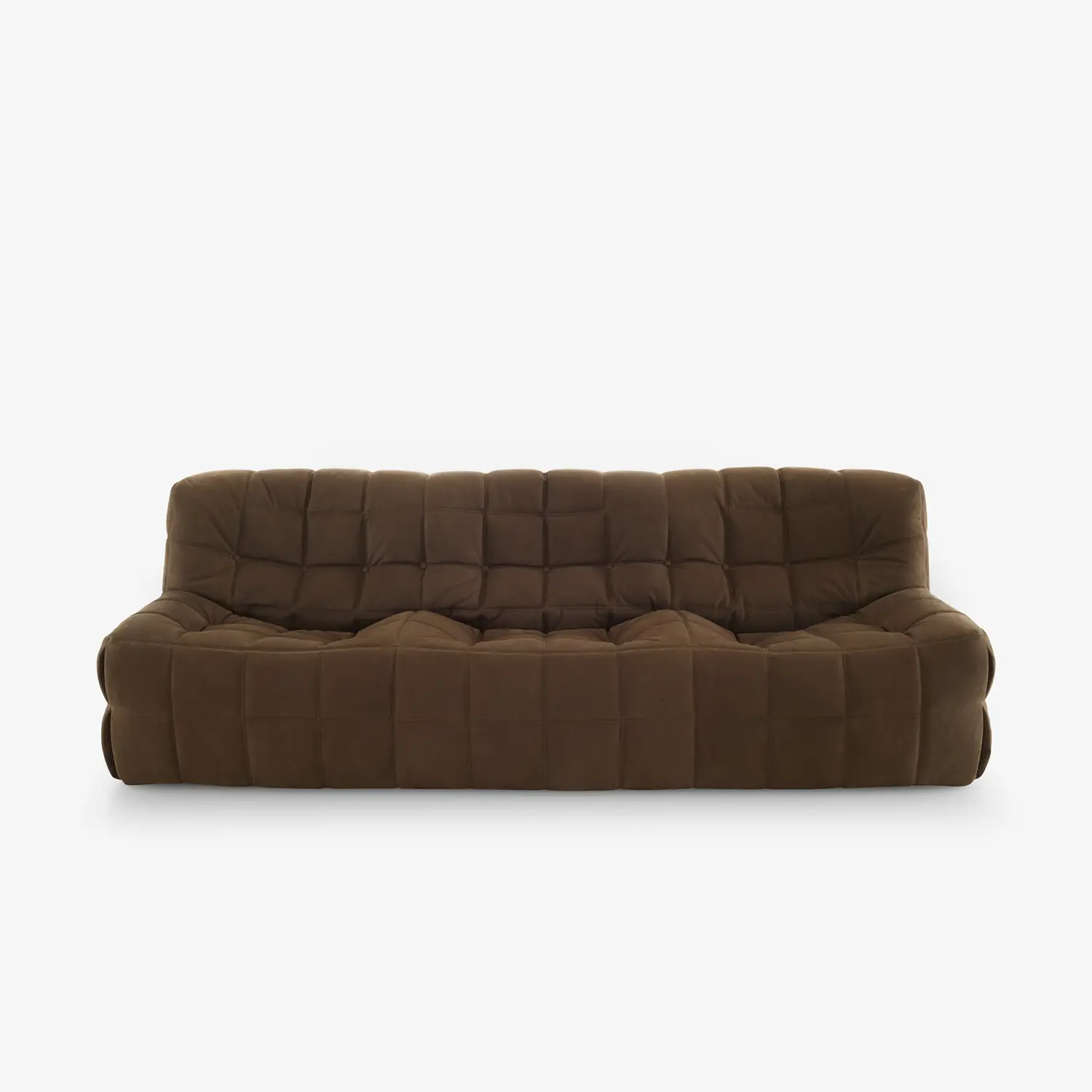 Modern large brown tufted sofa with a soft, cushioned design and low profile.