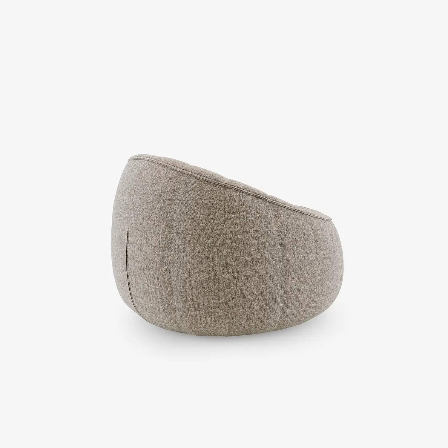 Beige fabric ottoman armchair with a rounded, cushioned design shown from the back.