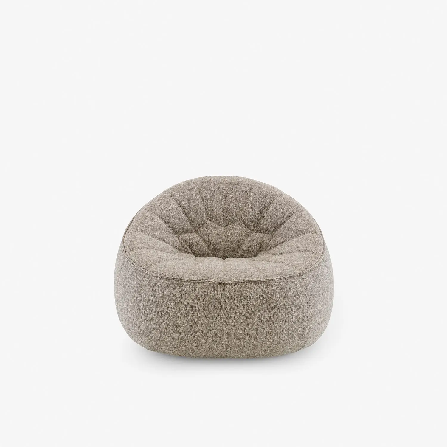Round, tufted beige fabric armchair with a soft, cushioned seat.