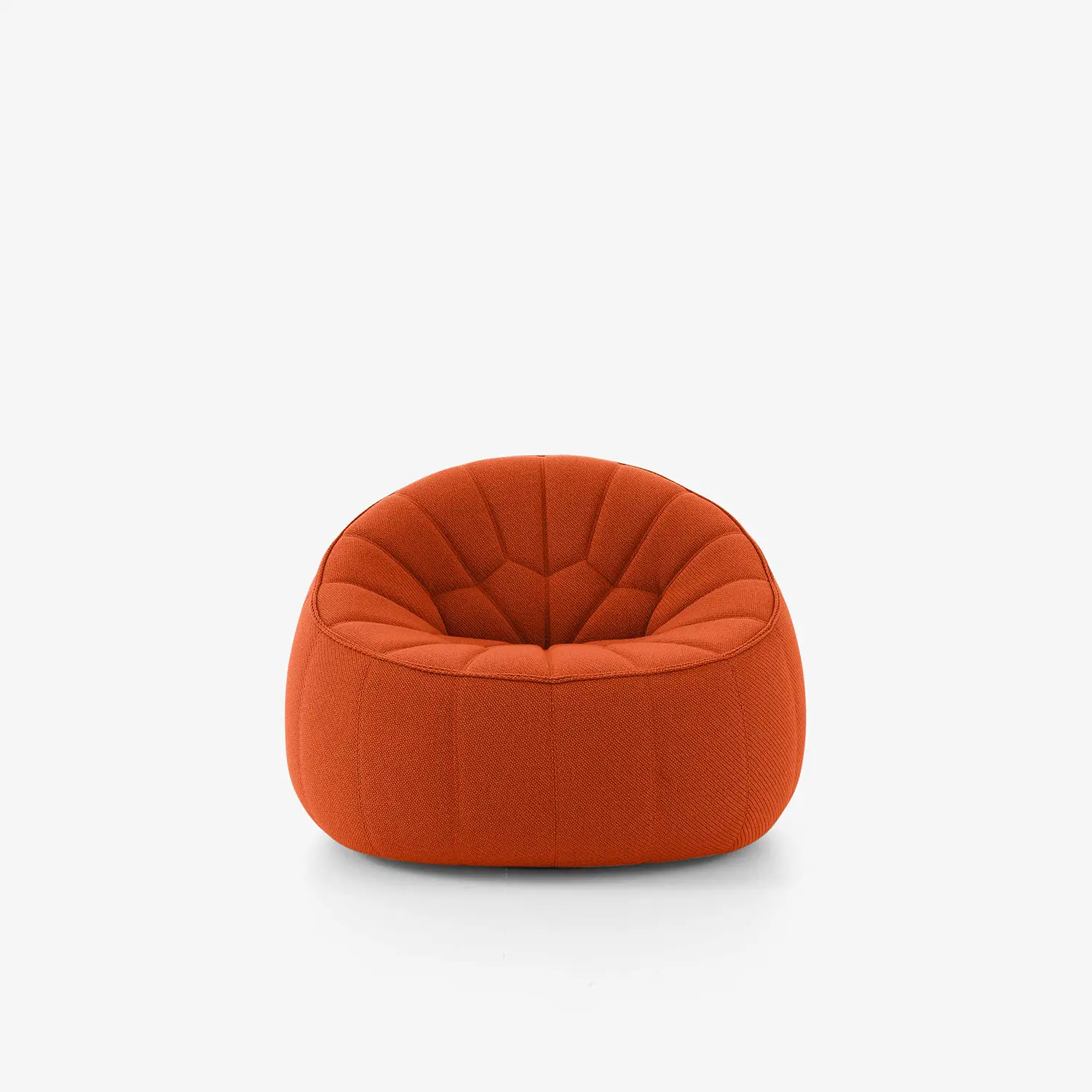 Modern orange fabric armchair with a rounded, cushioned design and stitched detailing.