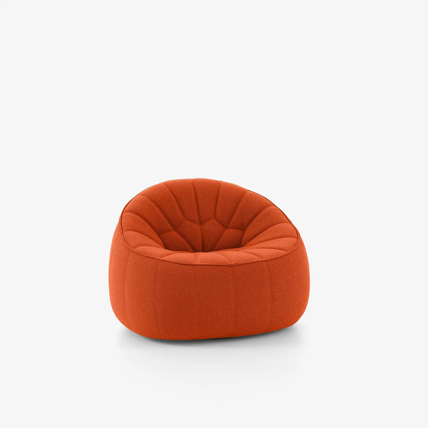 Modern orange fabric swivel armchair with rounded, tufted design.