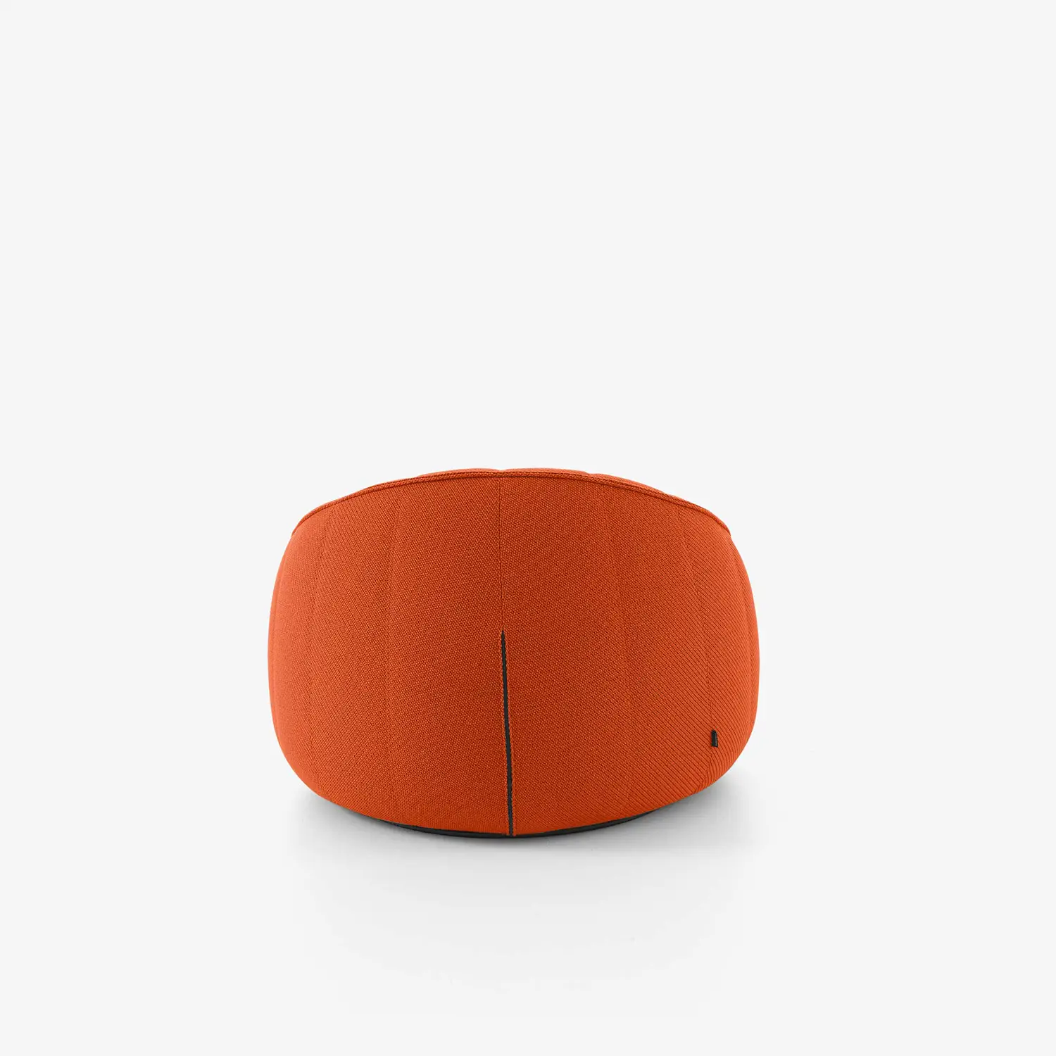 Orange upholstered swivel armchair viewed from the back on a white background.