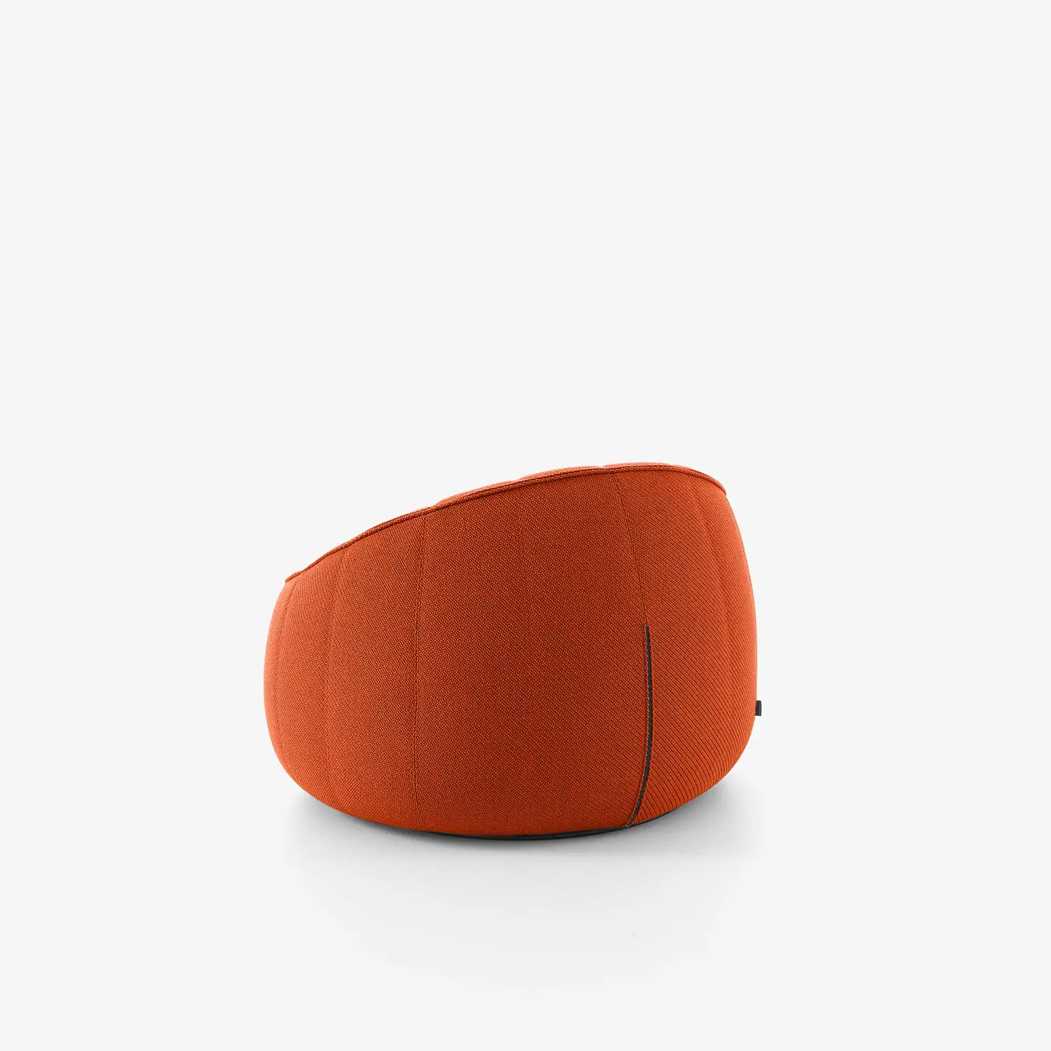 Modern orange swivel armchair with rounded back and a fabric texture on a white background.