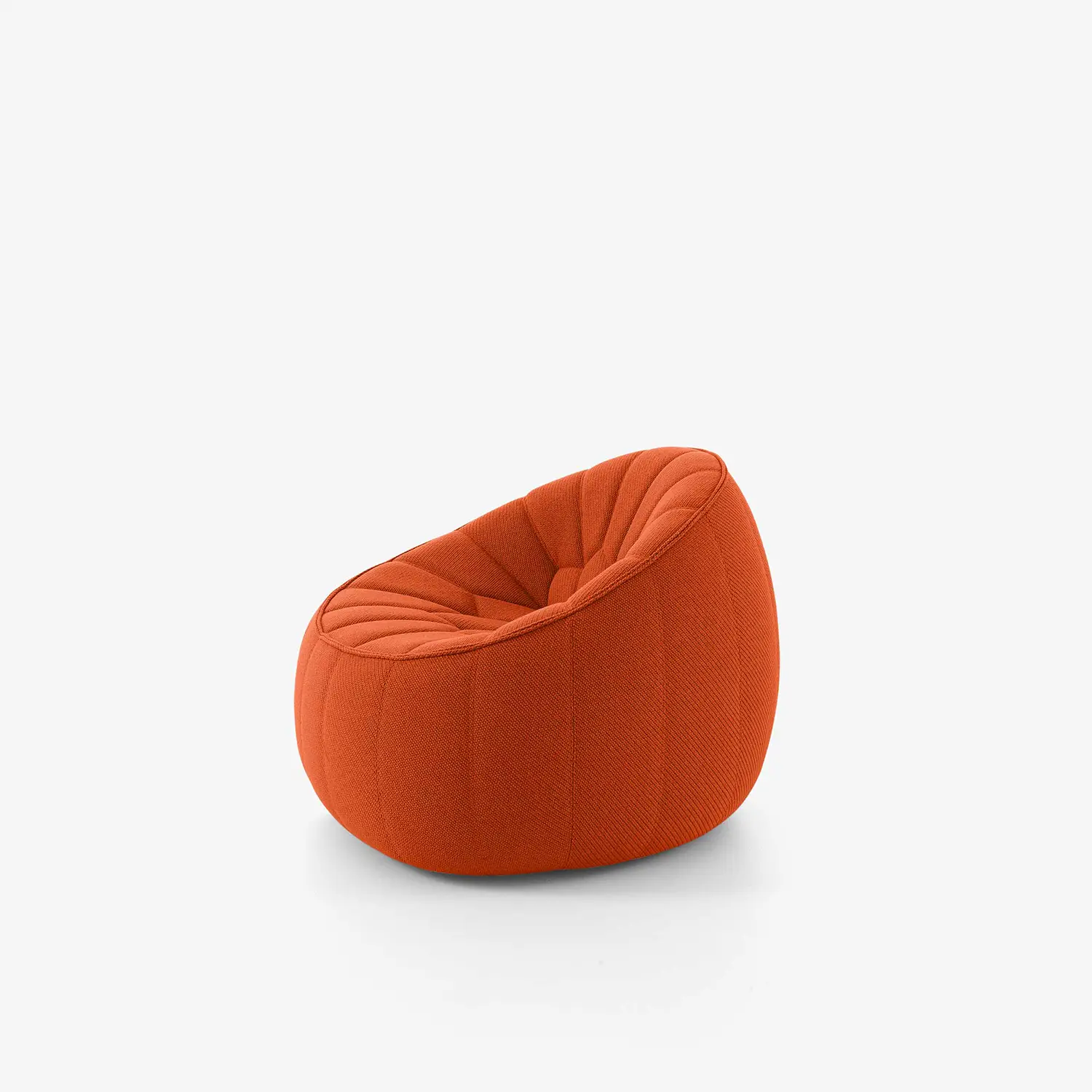 Modern orange fabric swivel armchair with a rounded, padded design and stitched vertical lines on the seat.