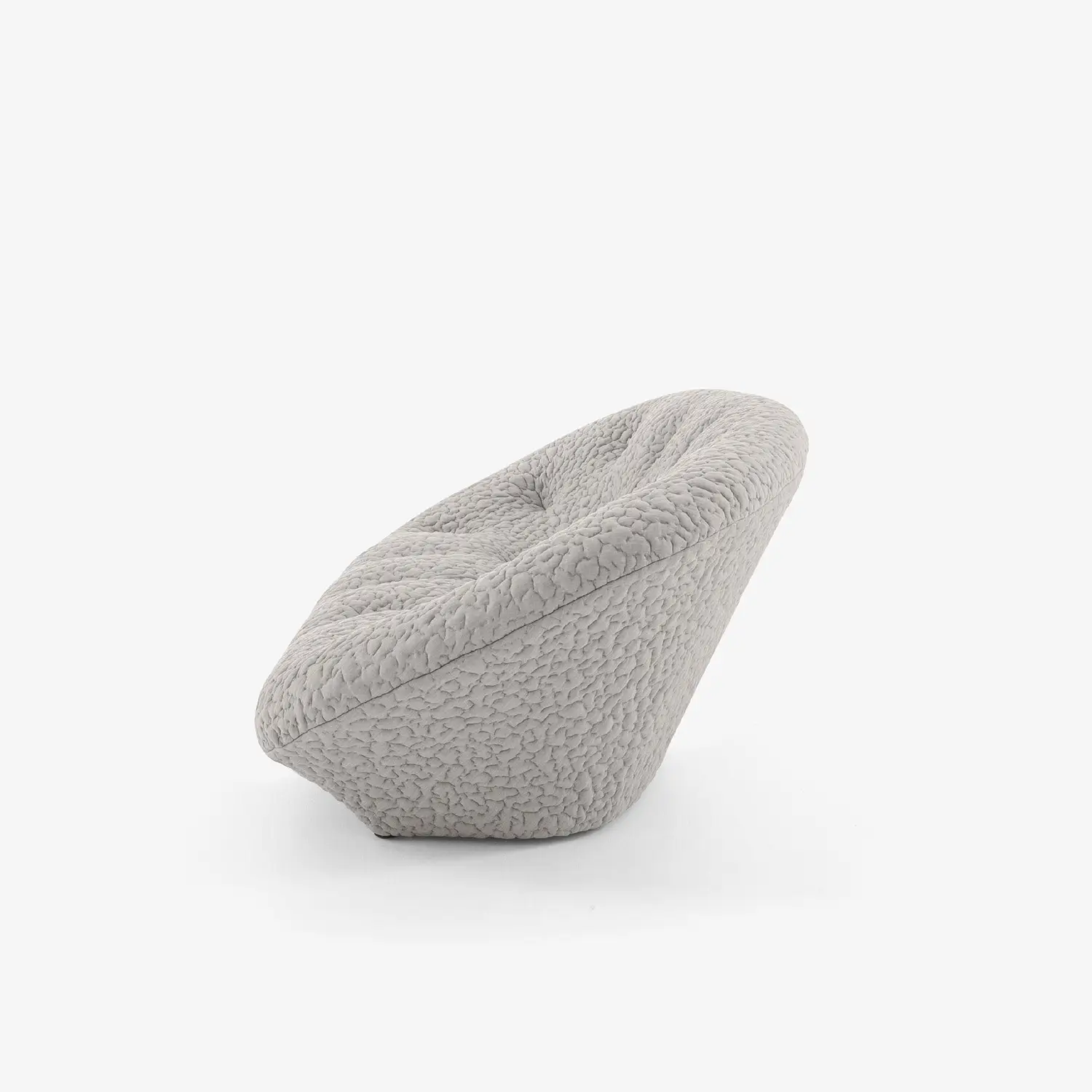 Modern round swivel chair upholstered in textured light gray fabric with a slightly reclined back.