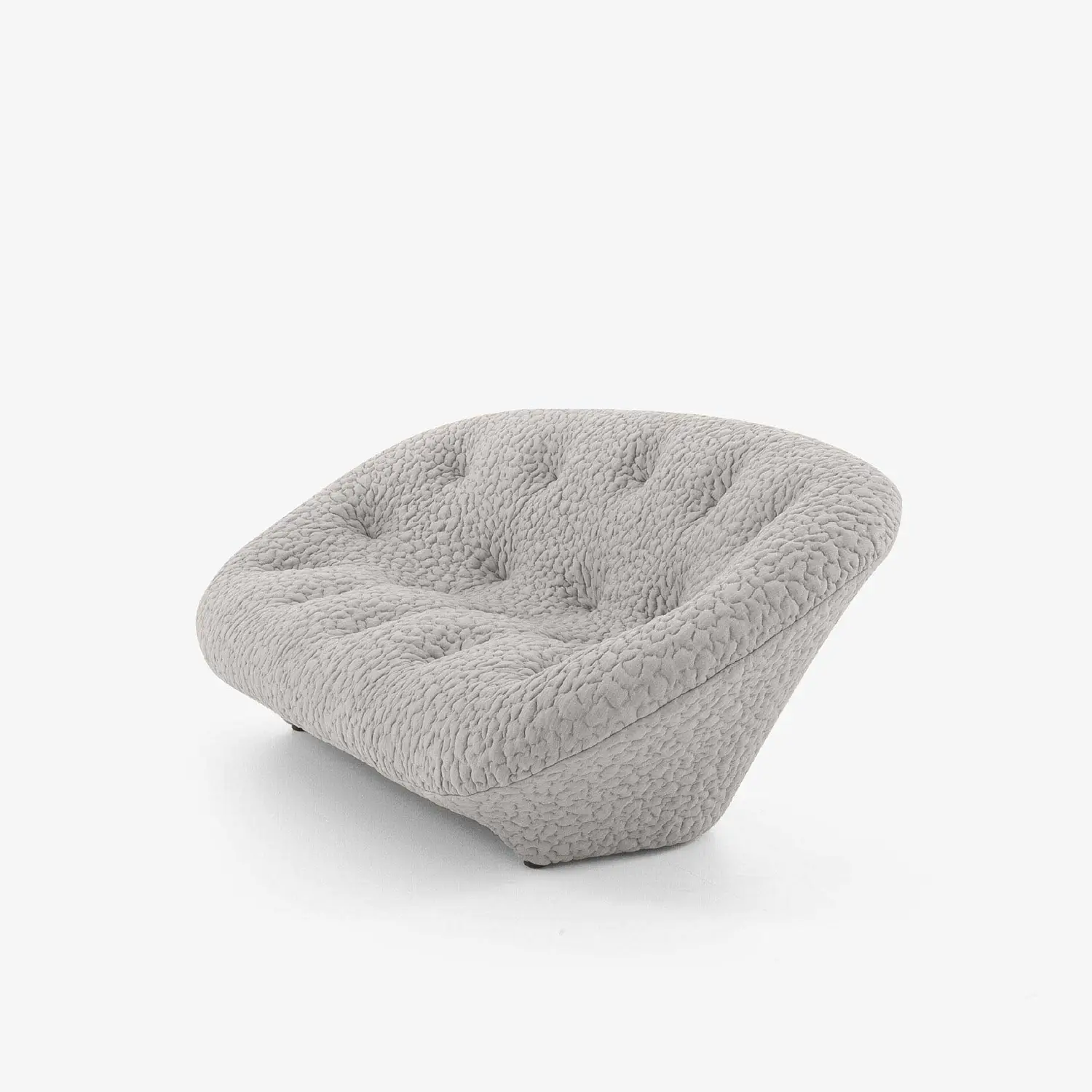 Modern rounded loveseat sofa upholstered in textured light gray fabric with tufted cushions.