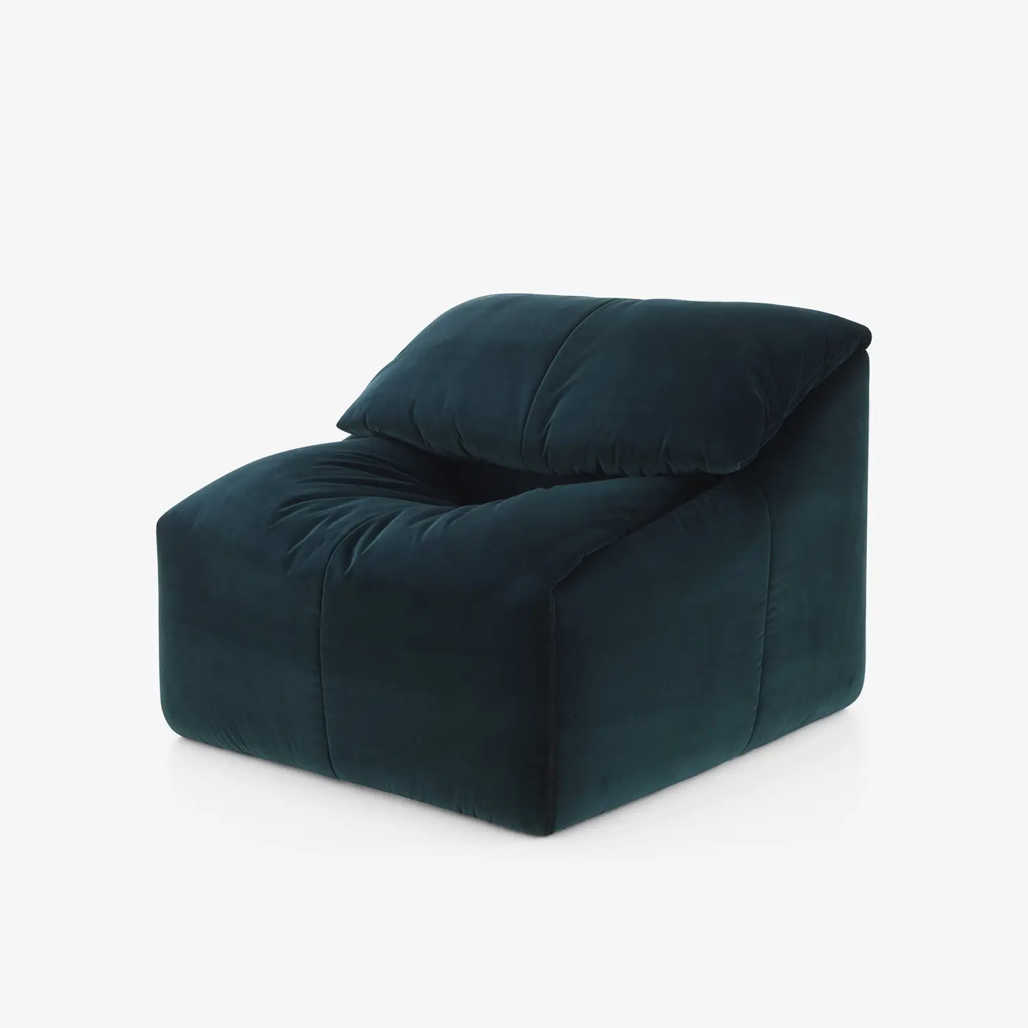 Dark teal plush armchair with a soft, rounded cushion and low profile on a white background.
