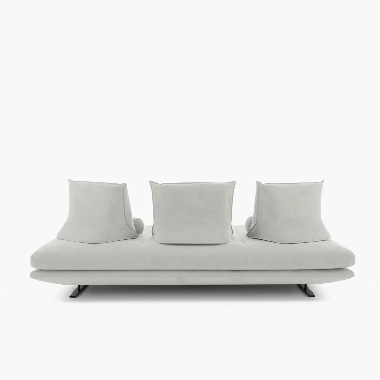 Modern light gray sofa with three large cushions and raised black metal legs on a white background.