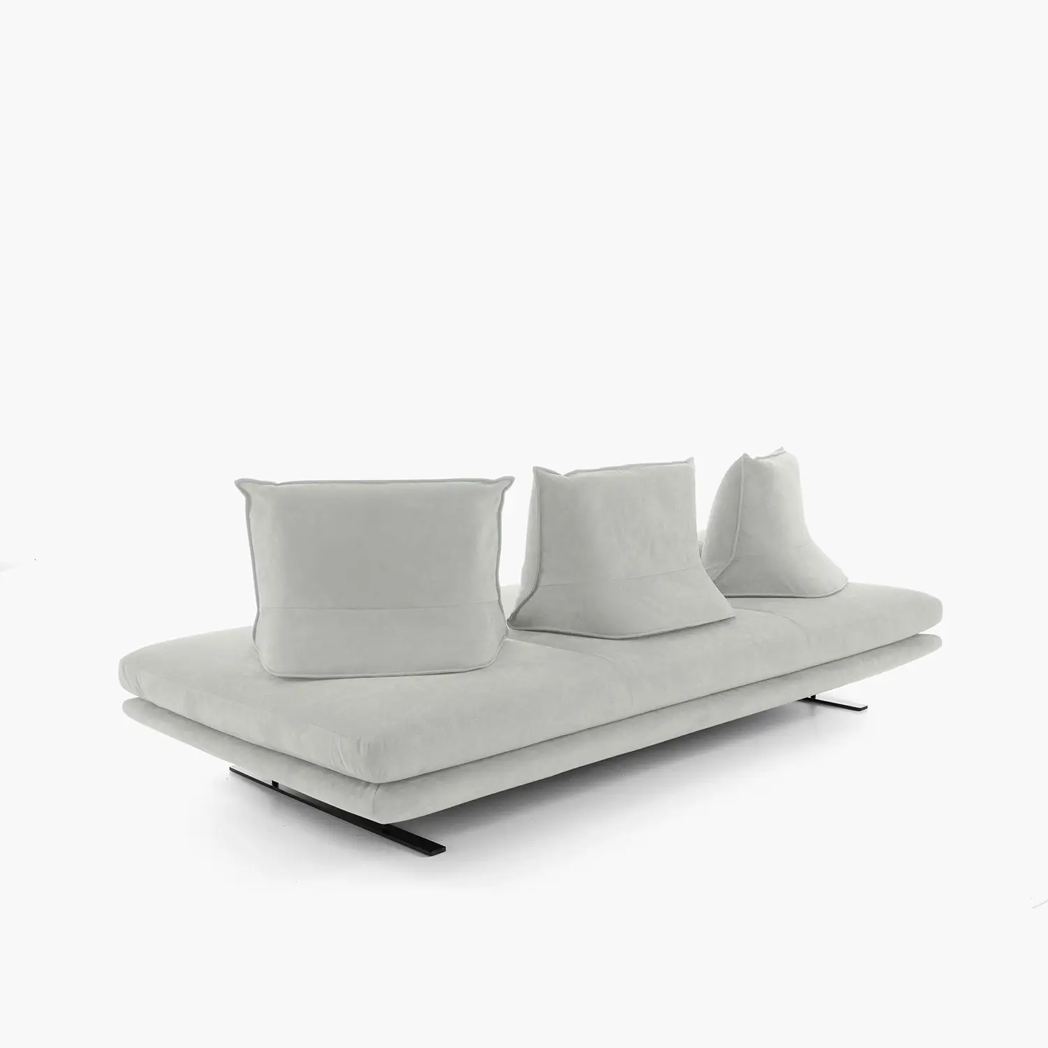 Modern light gray sofa with three large cushioned backrests and thin black metal legs on a white background.