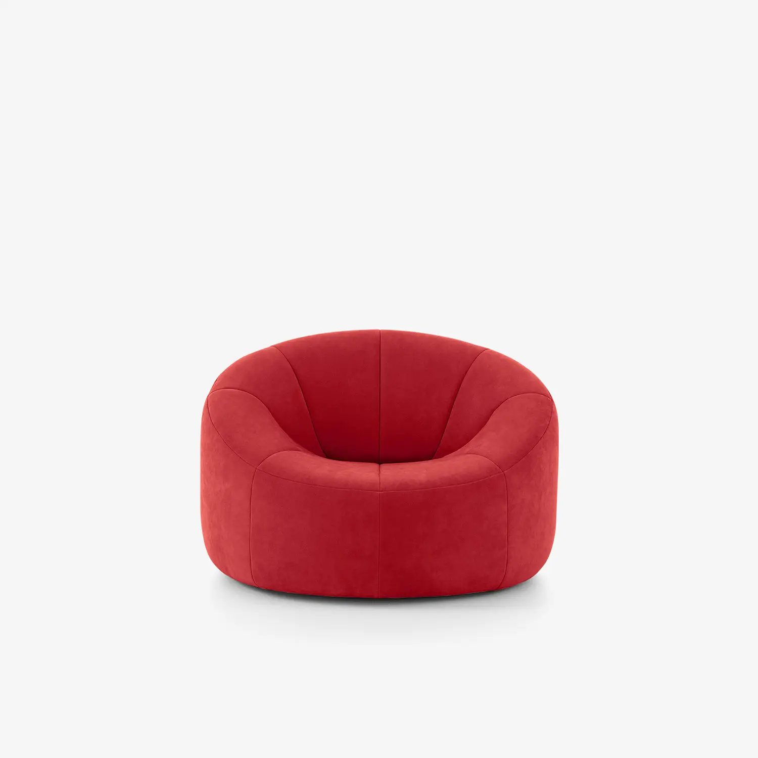 Round red swivel armchair with a soft, cushioned design on a white background.