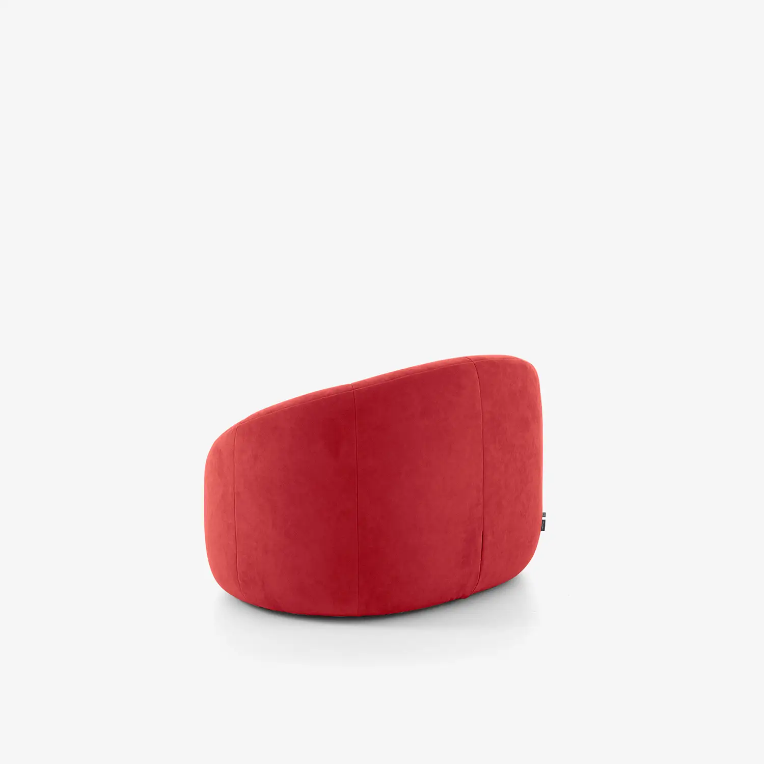 Red upholstered swivel armchair with a curved back on a white background.