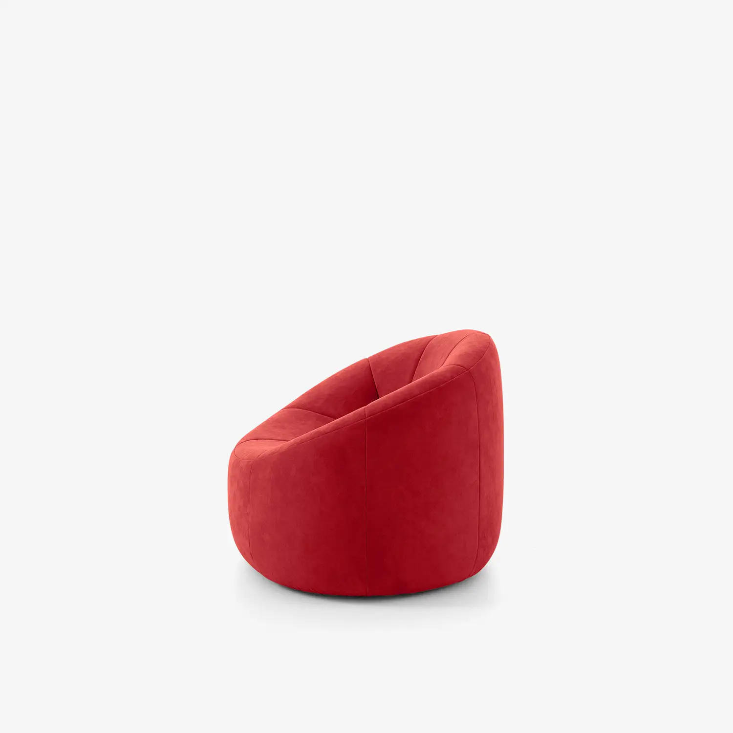 Red pumpkin-shaped swiveling armchair with a rounded back and plush upholstery on a plain white background.