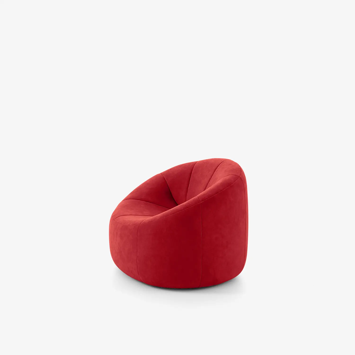 Red upholstered swivel armchair with a rounded, pumpkin-like shape and soft padding.