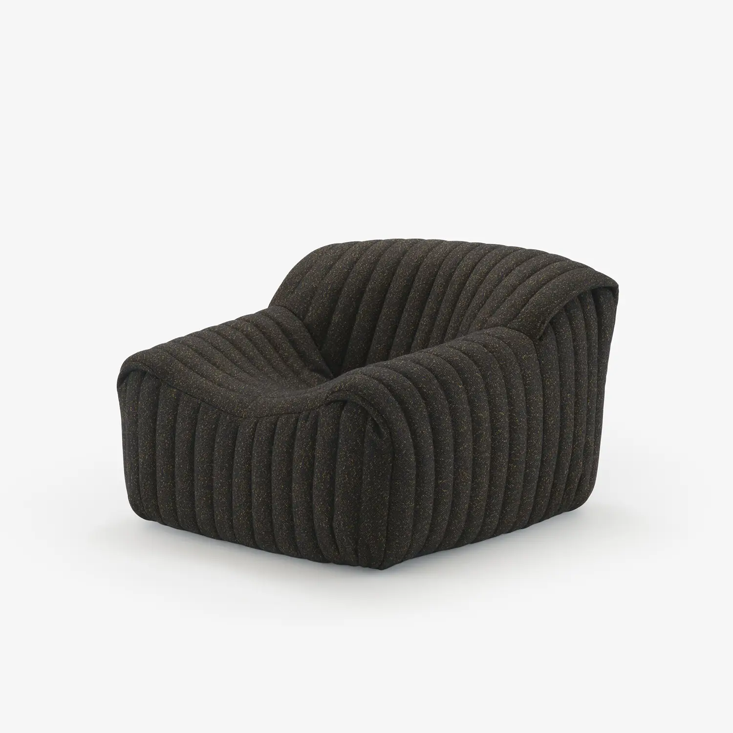 Dark gray padded armchair with thick vertical channel tufting and a low, wide seat.