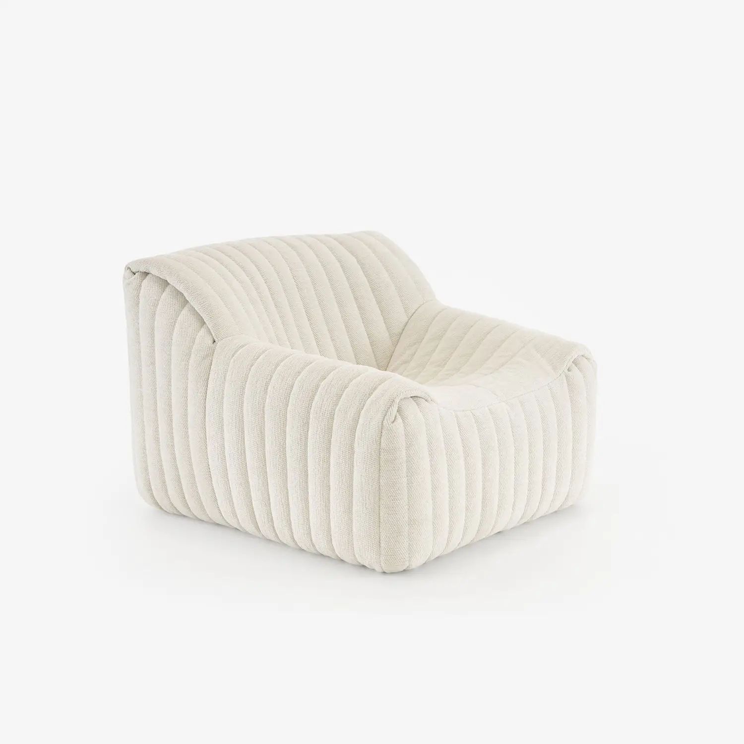 Plush cream-colored armchair with vertical channel tufting and rounded edges on a white background.