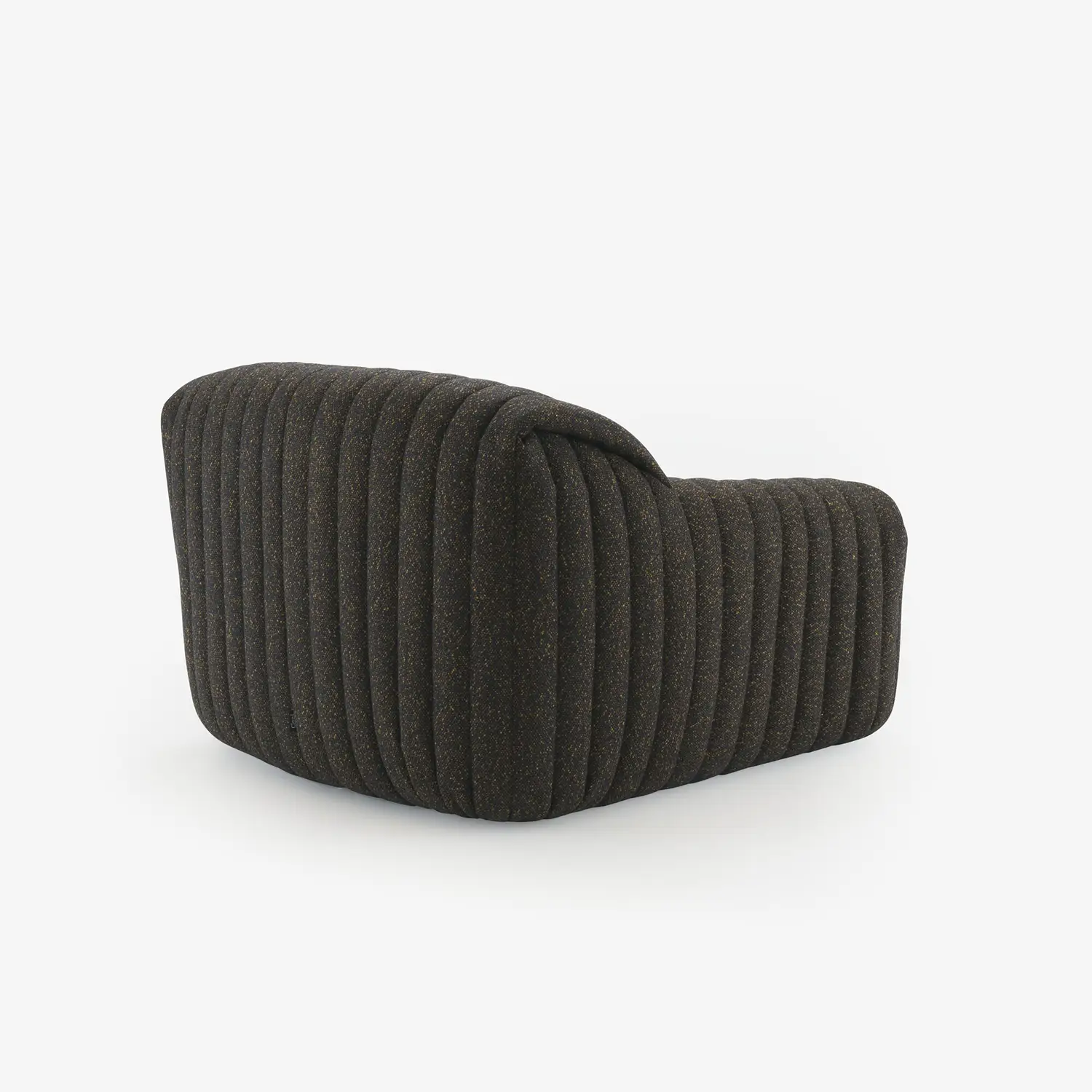 Dark gray upholstered armchair with vertical channel tufting and a rounded, cushioned design.