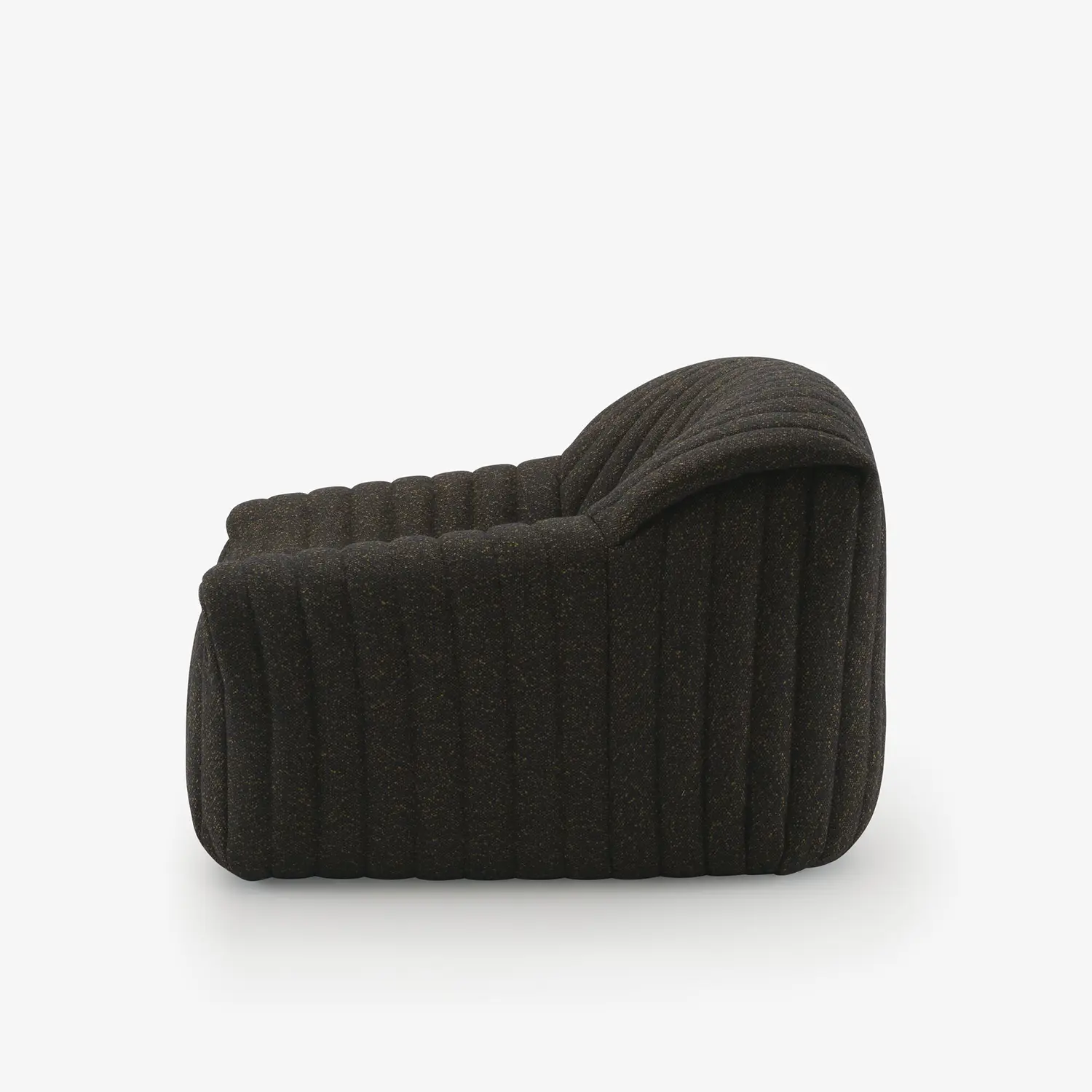 Side view of a dark gray, ribbed fabric armchair with rounded edges and a cushioned backrest.