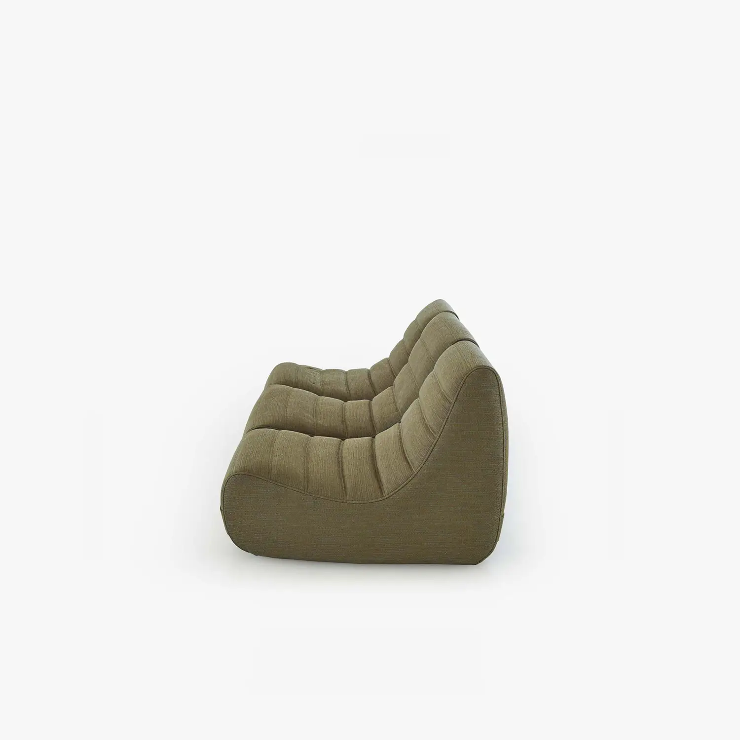 Side view of a modern olive green upholstered settee with a tufted, curved design.