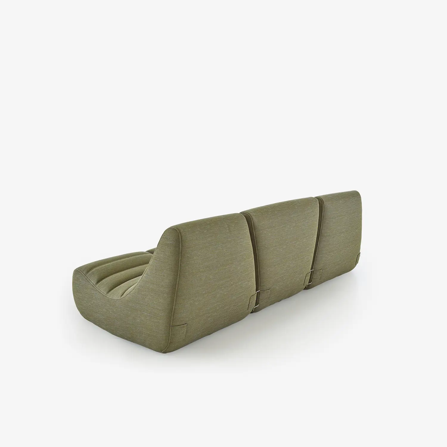 Modern three-seat olive green fabric settee with a low back and soft rounded edges.