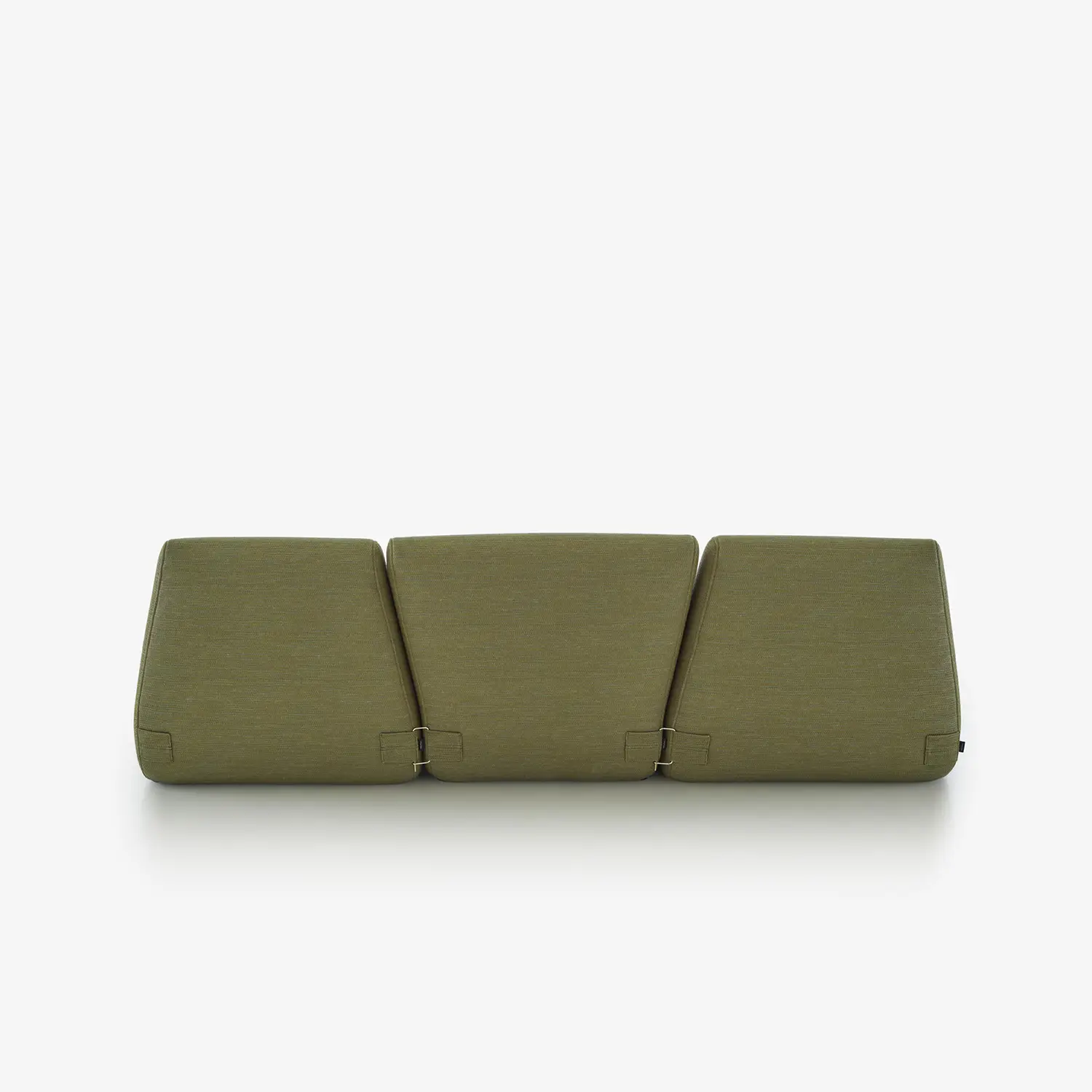 Three olive green rectangular sofa back cushions connected side by side with metal rings.