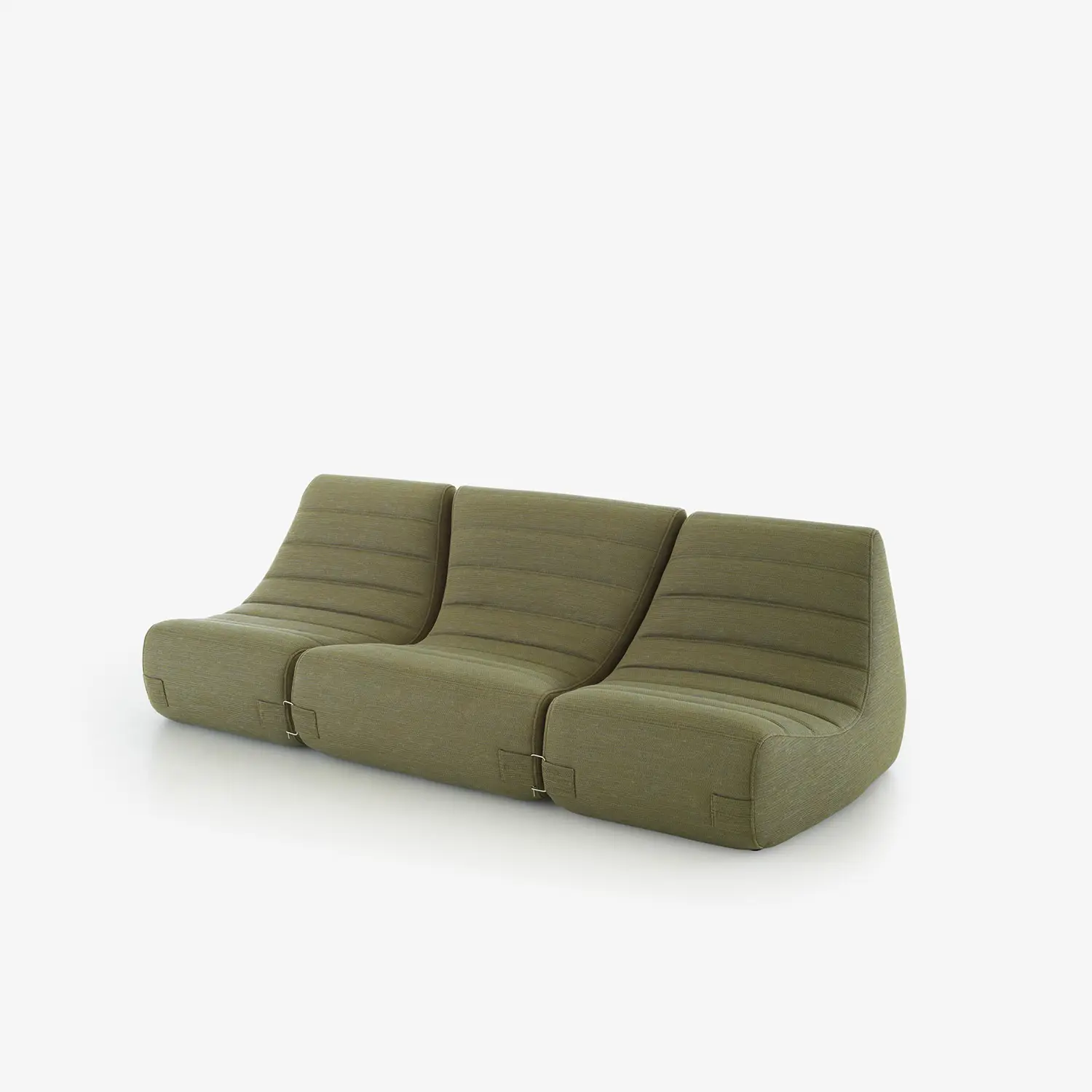 Modern three-seat sofa with olive green fabric upholstery and curved, padded backrests.