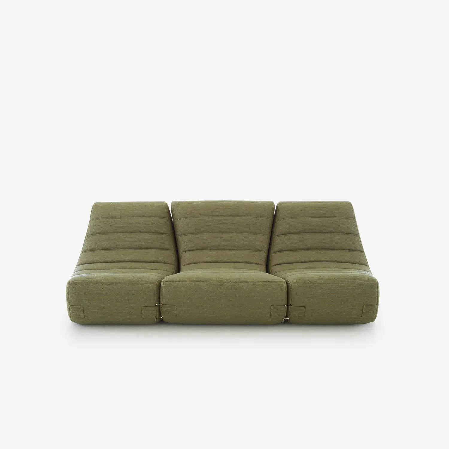 Modular three-seater sofa with olive green upholstery and horizontal stitch detailing on cushions.