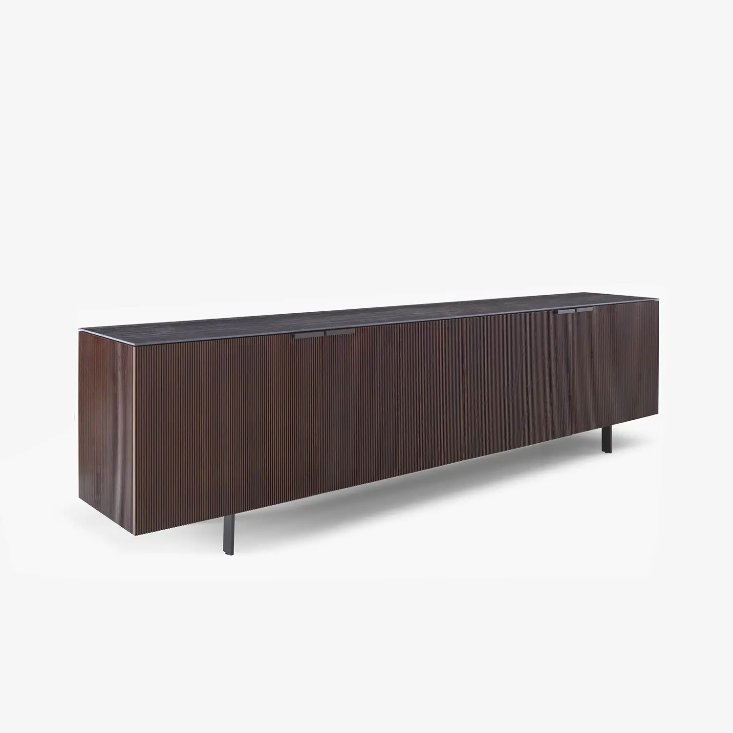 Modern dark wood sideboard with four vertically grooved doors and two black metal legs supporting the front.
