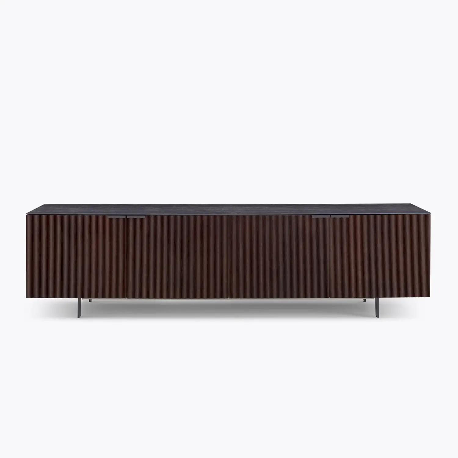 Modern dark wood sideboard with four vertically grooved doors and slim black metal legs.