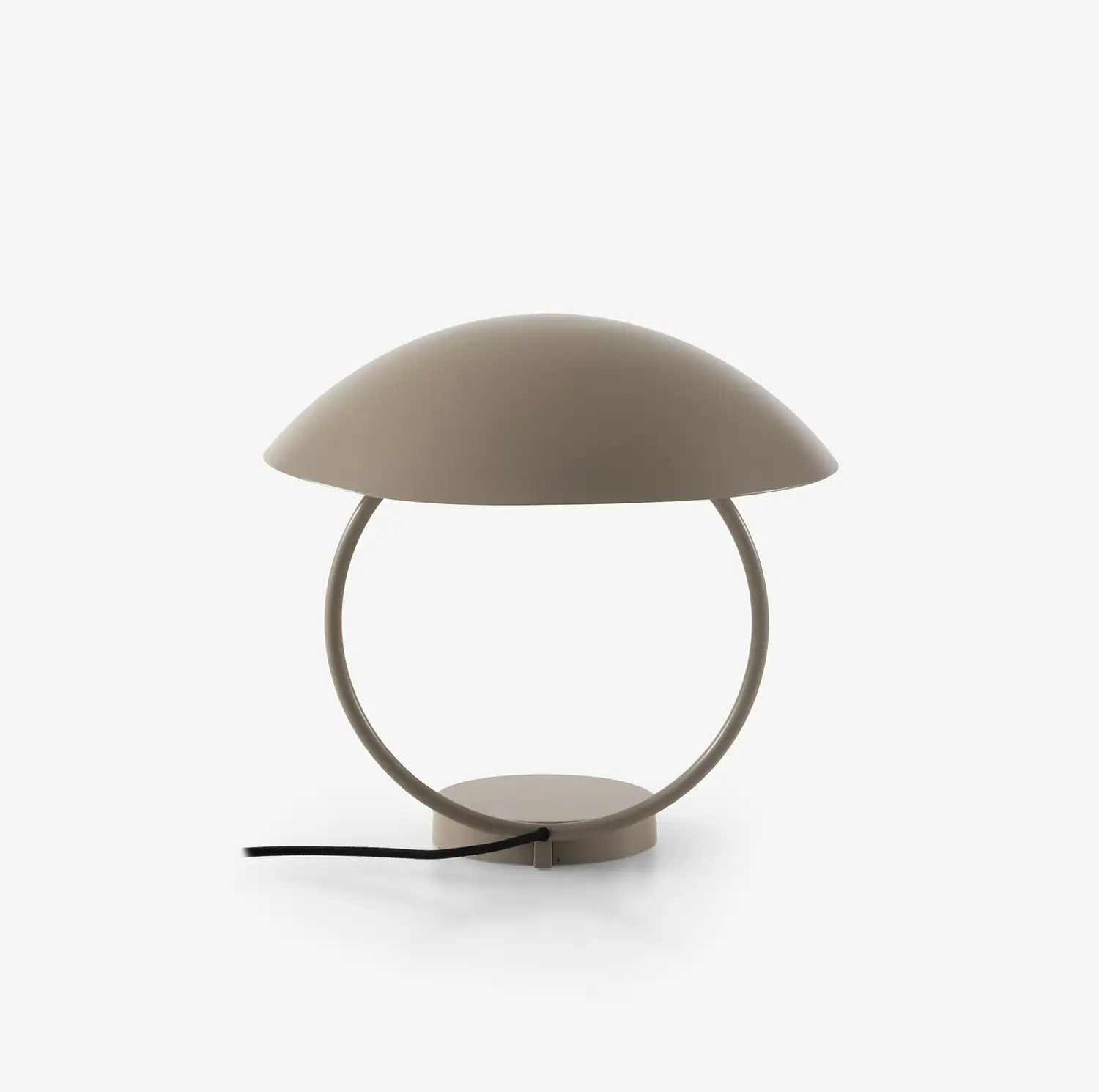 Taupe-colored modern table lamp with a circular frame and dome-shaped shade.