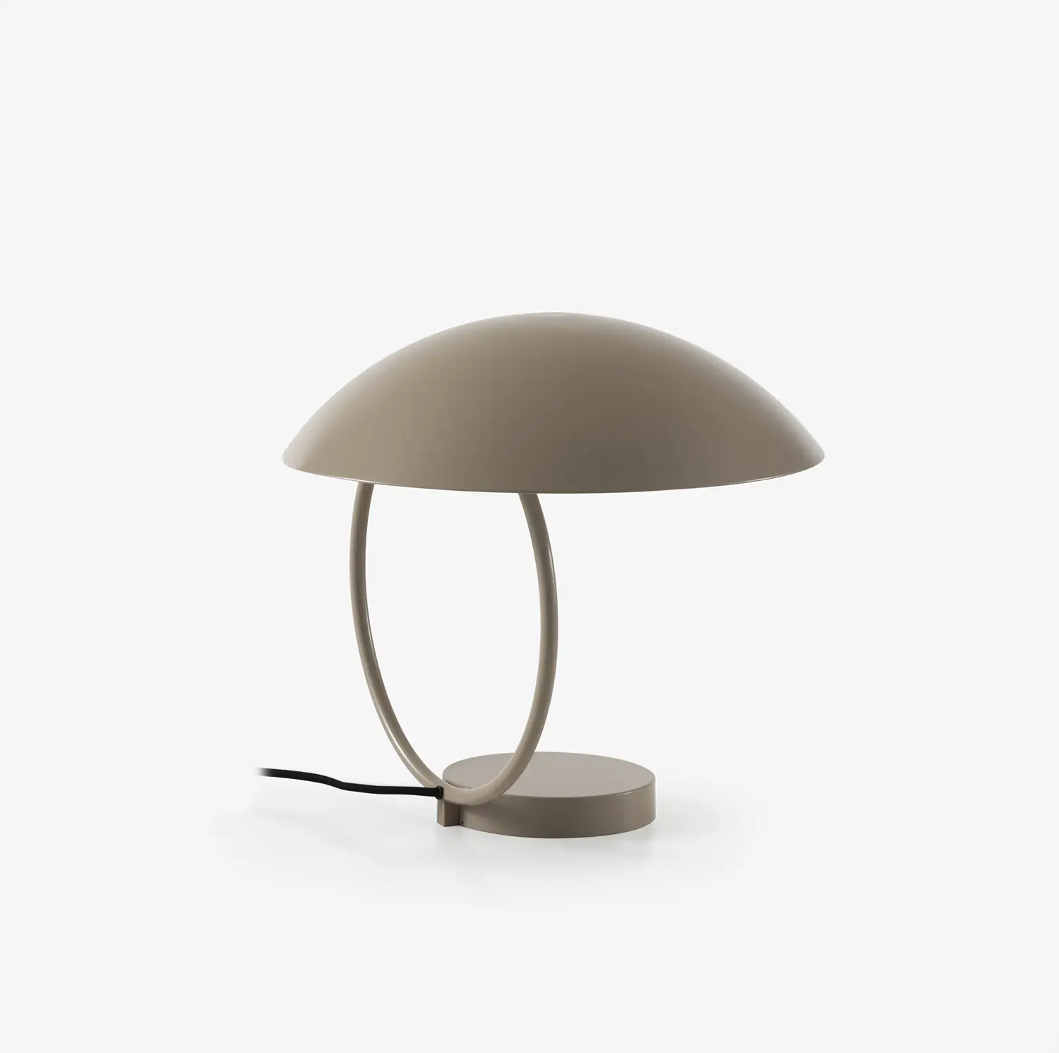 Taupe-colored modern table lamp with a dome-shaped shade and circular open frame.