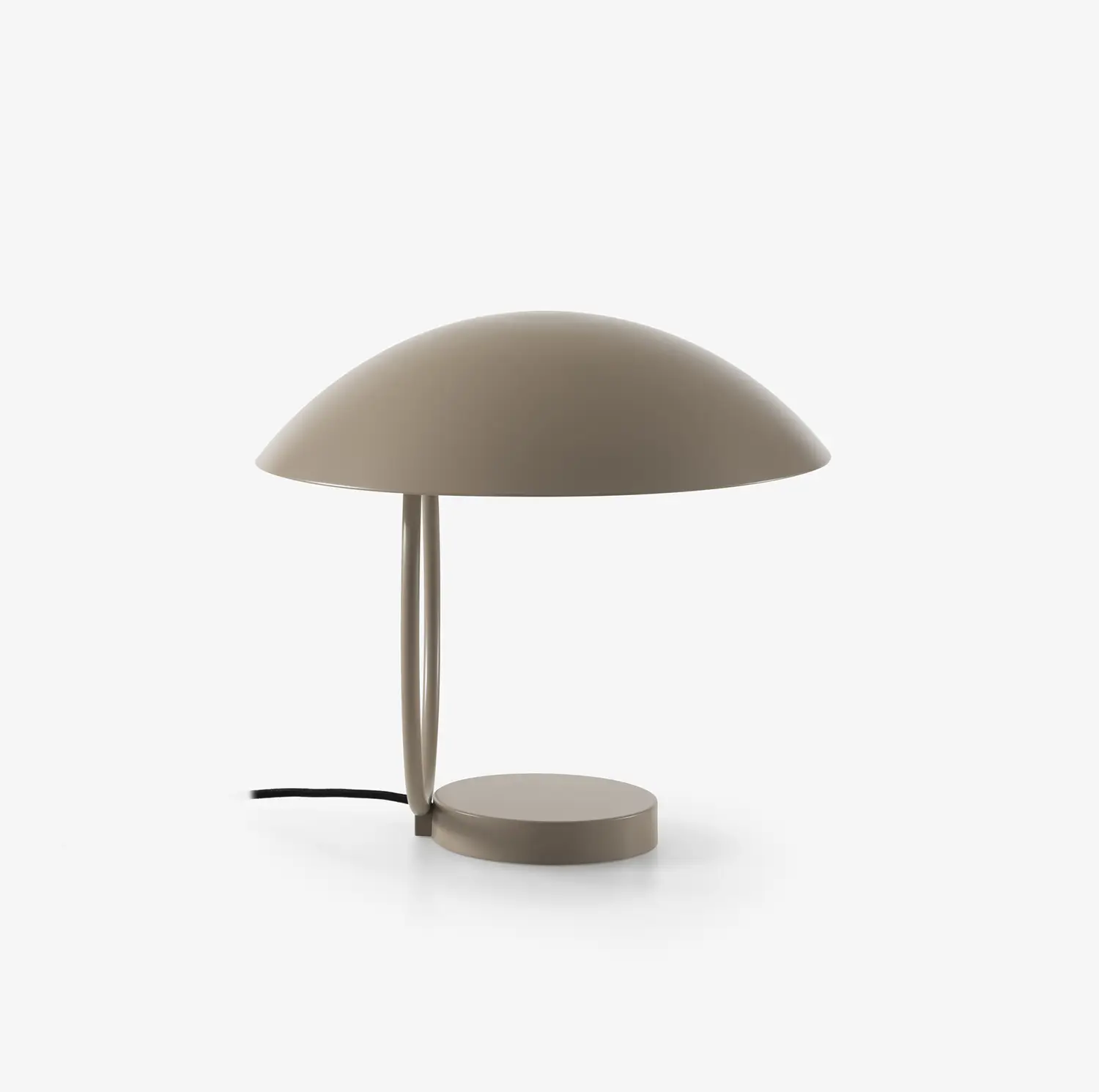 Modern taupe table lamp with a dome-shaped shade and round base on a white background.