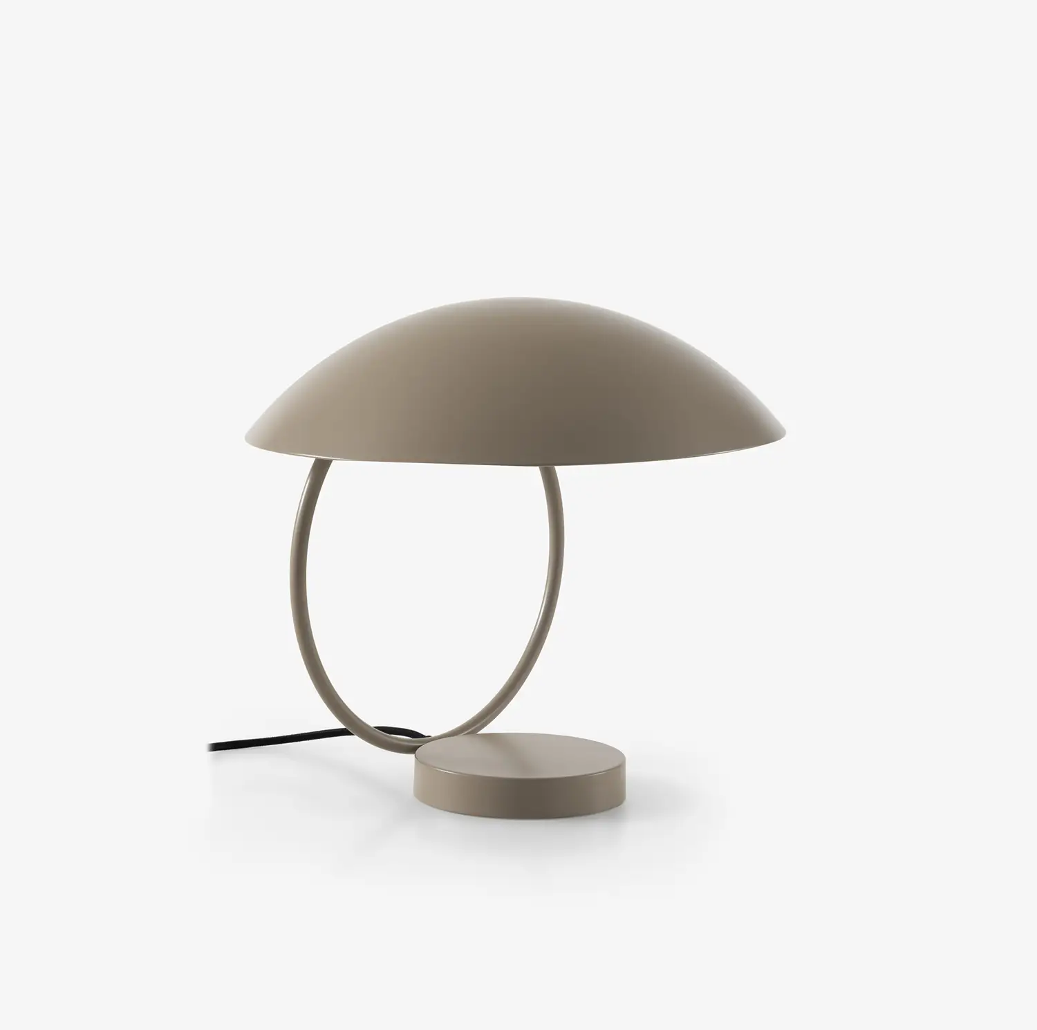 Taupe table lamp with a dome-shaped shade and circular base connected by a curved loop frame.