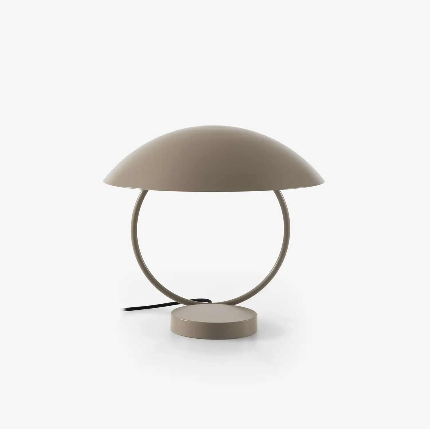Taupe table lamp with a dome-shaped shade and circular frame base.