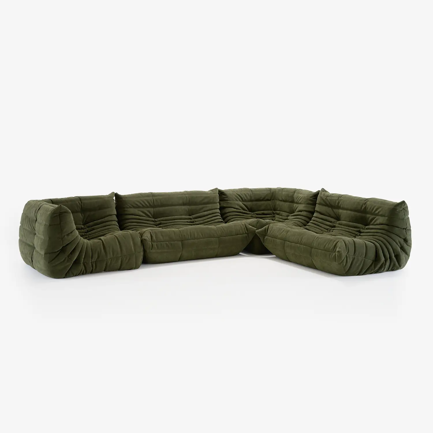 Large L-shaped sectional sofa upholstered in olive green tufted fabric with a low back and plush cushions.