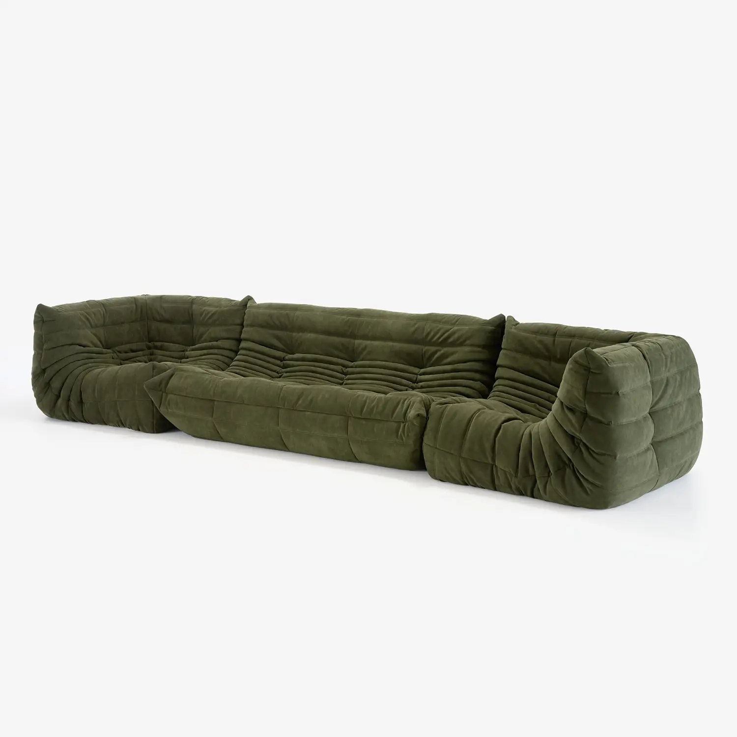 Large modular olive green sectional sofa with tufted, soft fabric upholstery.