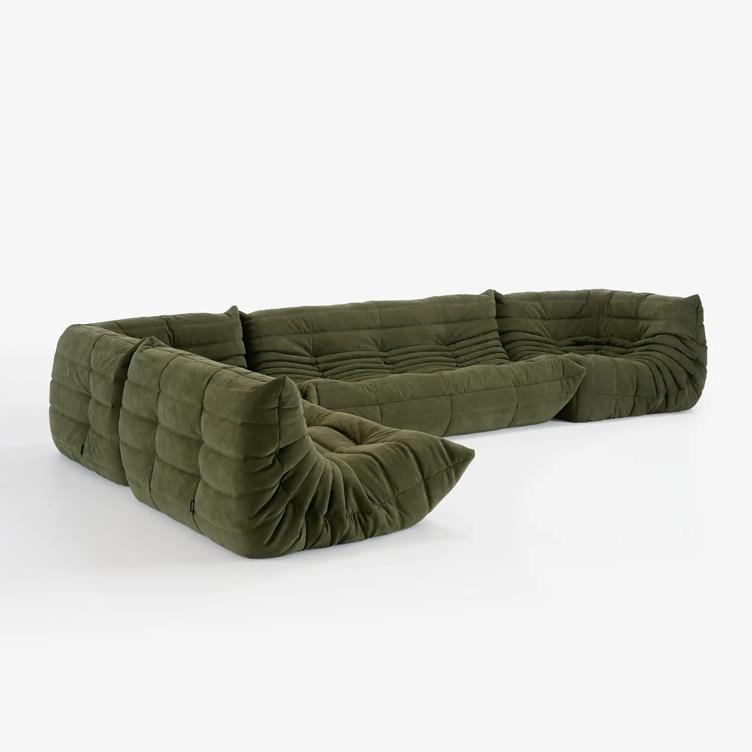 Large modular olive green sectional sofa with soft tufted upholstery and rounded edges on a white background.