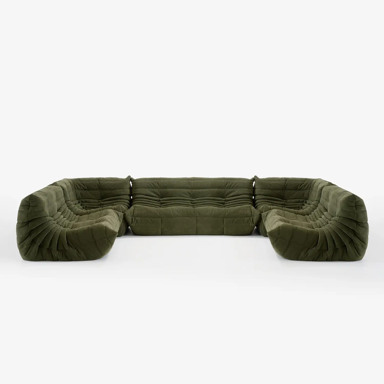 U-shaped sectional sofa with olive green plush upholstery and tufted, curved design.